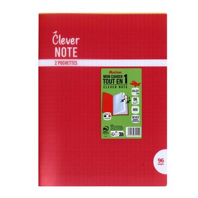 Auchan Cahier tout en 1 Clever Note 24x32, 2 pochettes, 96 pages, grands carreaux, 1 cahier
