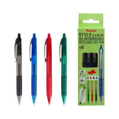 Auchan Stylos à bille rétractables à encre gel rechargable, Lot de 4 stylos