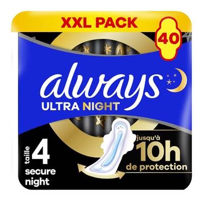 Always Serviette Hygiénique Secure Night avec Ailettes, 40 serviettes