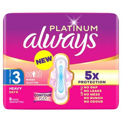 Always Serviettes Hygiéniques Avec Ailettes Flux Abondant Jour Taille 3 Platinum, 8 serviettes