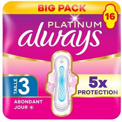 Always Serviettes Hygiéniques Platinum Flux Abondant Jour Taille 3, 16 pièces