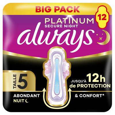 Always Serviettes Hygiéniques avec Ailettes Flux Abondant Taille 5 Platinium Secure Night, 12 serviettes
