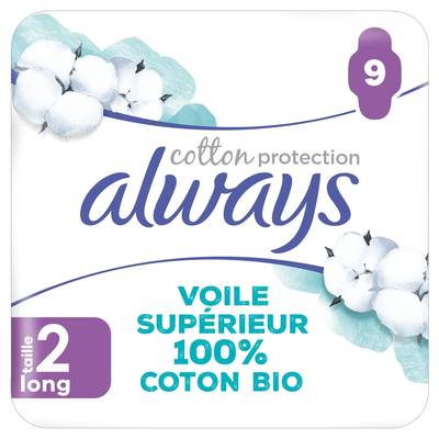 Always Serviettes Hygiéniques avec Ailettes Long Taille 2 Coton Bio, 9 serviettes