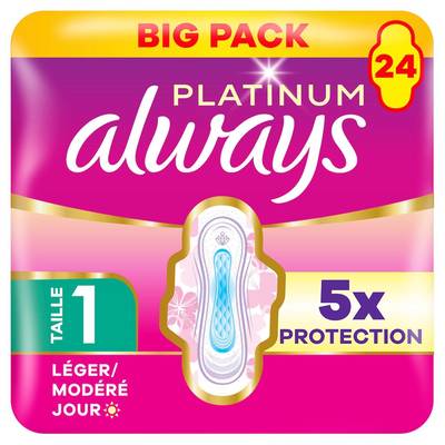 Always Serviettes Hygiéniques avec Ailettes Léger / Modéré Jour Taille 1 Platinum, 24 serviettes