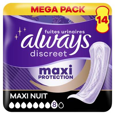 Always Discreet Serviettes Pour Fuites Urinaires Femmes Maxi Nuit, 14 serviettes