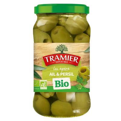 Tramier Olives vertes dénoyautées ail et persil Bio, 130g
