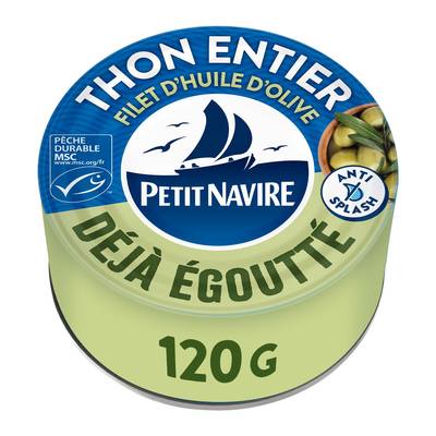 Petit Navire Thon entier MSC avec un filet d'huile d'olive déjà égoutté, 120g