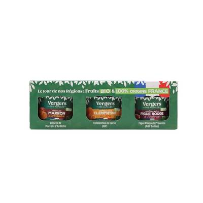 Vergers des Alpilles Coffret de 3 Confitures Bio Marron d'Ardèche, Clémentine de Corse et Figue Rouge de Provences, 3x125g