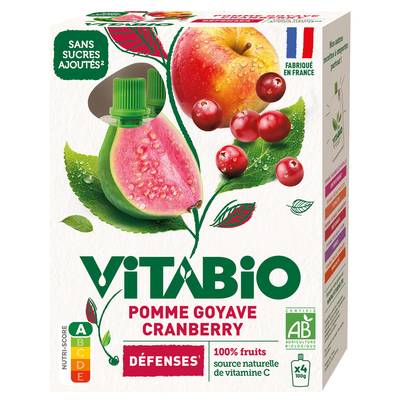 Vitabio Gourde Compote Pomme, Goyave et Cranberry Défenses Bio, 4x100g