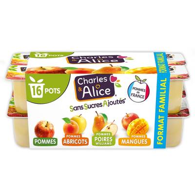 Charles et Alice Compotes panachés- mangue, abricot, pomme et poire sans sucre ajouté, 16x100g