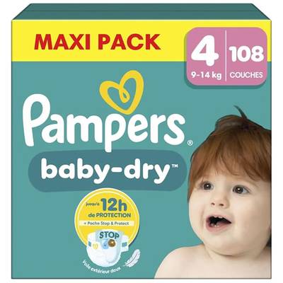Pampers Babydry Couches Bebe Taille 4 9-14kg, 108 couches