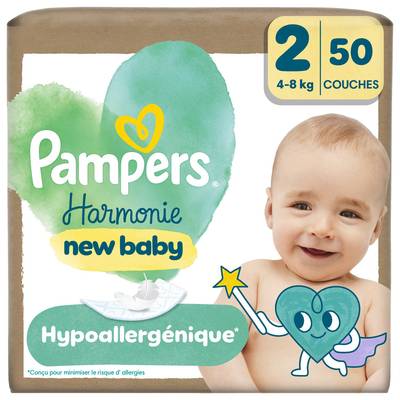 Pampers Harmonie Couches Harmonie Hypoallergénique New Baby 4-8 kg - Taille 2, 50 couches