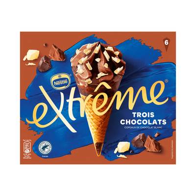 Extrême Cônes glacés aux 3 Chocolats, copeaux de chocolat blanc, 6 cônes - 426g