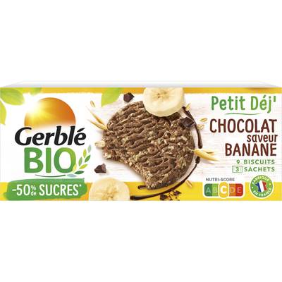 Gerblé Bio 9 Biscuits Petit déj' Chocolat saveur Banane Bio -52% de sucres en moins, 132g