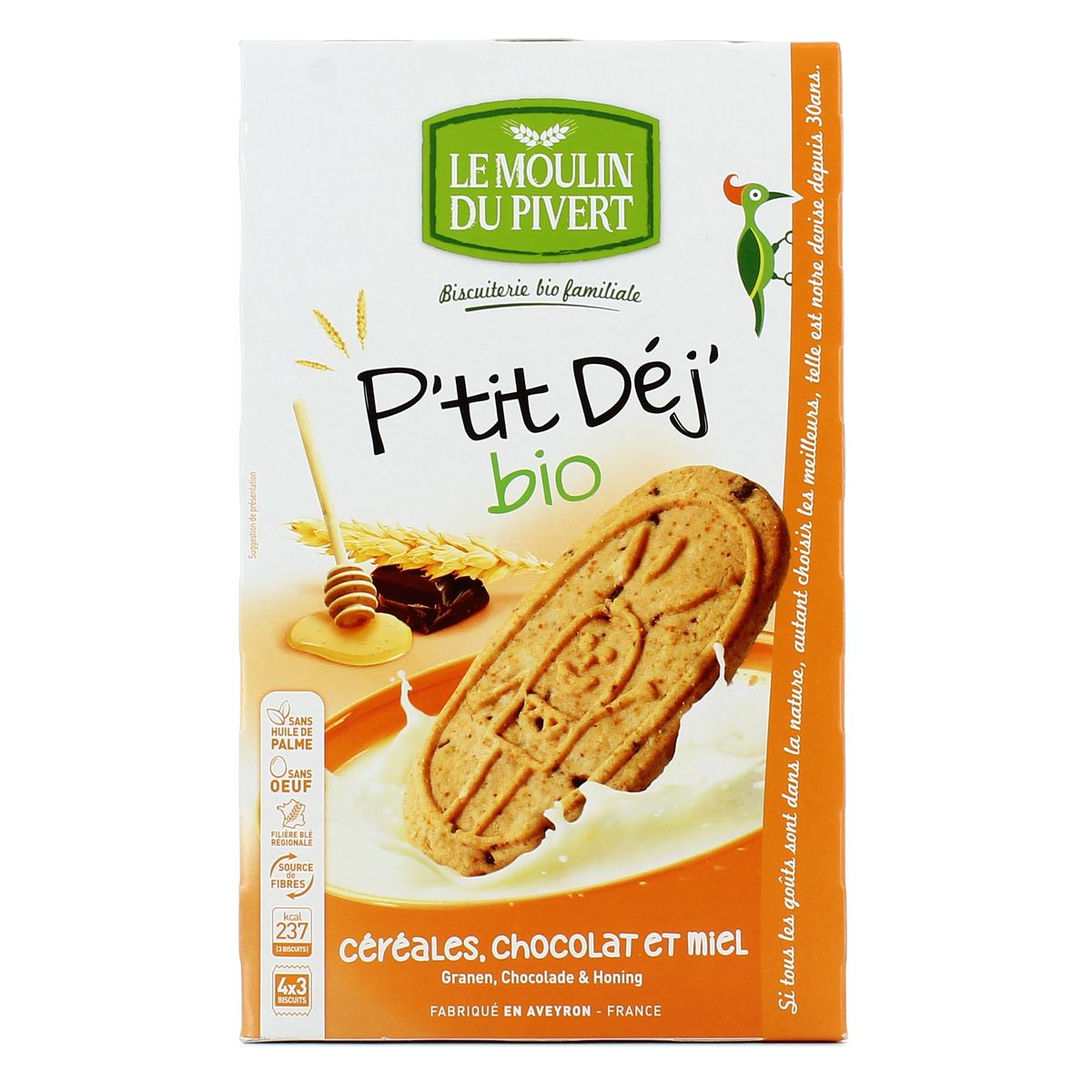 Le Moulin du Pivert P'tit Déj céréales, chocolat et miel bio, 190g