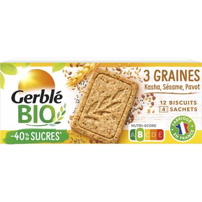 Gerblé Bio 12 Sablés 3 graines Kasha Sésame Pavot Bio -43% de sucres en moins, 132g