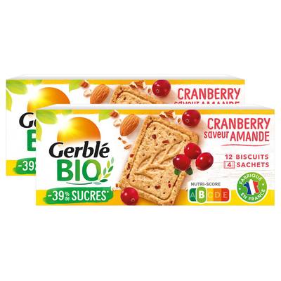 Gerblé Bio 12 Sablés Amande Cranberry Bio -39% de sucres en moins, Lot de 2x132g