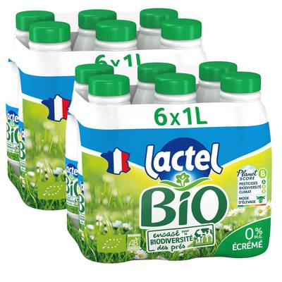 Lactel Lait Bio écrémé 0% mg, Lot de 2 - 6x1L