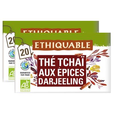 Ethiquable - Commerce Equitable Thé noir Tchaï aux épices Darjeeling Bio, Lot de 2x20 sachets