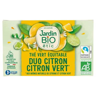 Jardin Bio Etic Thé Vert Duo Citron et Citron Vert Bio, 20 sachets