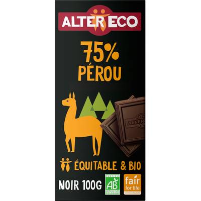 Alter Eco - Commerce Equitable Chocolat noir 75% Cacao Bio du Pérou, 100g