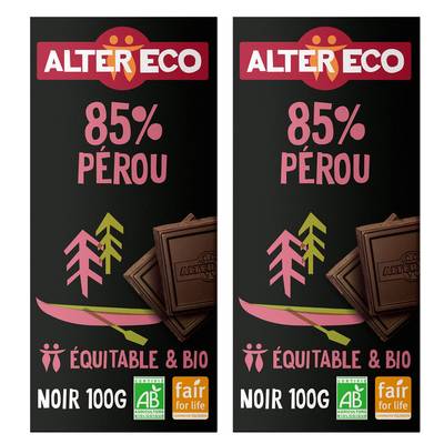 Alter Eco - Commerce Equitable Chocolat noir absolu 85% bio du Pérou, Lot de 2x100g