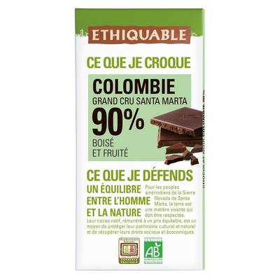 Ethiquable - Commerce Equitable Chocolat Noir 90% Cacao Bio de Colombie, 100g