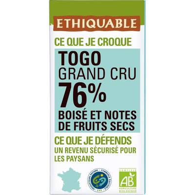 Ethiquable - Commerce Equitable Chocolat noir bio Togo grand cru Akebou 76% cacao boisé et notes de fruits secs, 100g