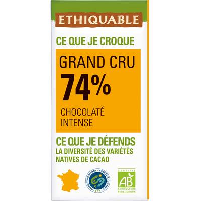 Ethiquable - Commerce Equitable Chocolat noir intense 74% cacao Bio Grand Cru, 100g