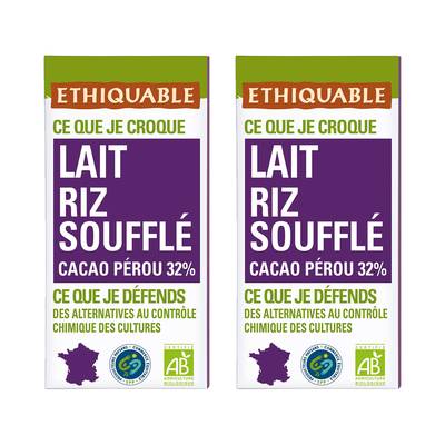 Ethiquable - Commerce Equitable Chocolat lait riz soufflé 32% Cacao Bio du Pérou, Lot de 2x100g