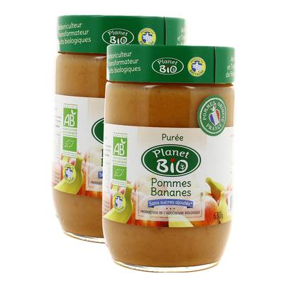 Planet Bio Purée de pomme bananes bio sans sucres ajoutés, Lot de 2x630g