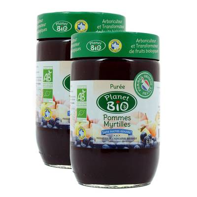 Planet Bio Purée pomme myrtille Bio sans sucre ajoutés, Lot de 2x630g
