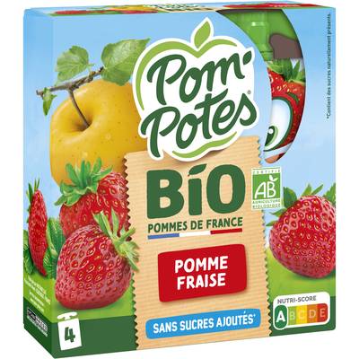 Pom Potes Pom'Potes pomme fraise allégées en sucres bio, 4x90g
