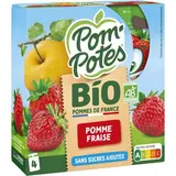Pom Potes Gourdes purée de pomme fraise allégée en sucres bio, 4 gourdes de 90g