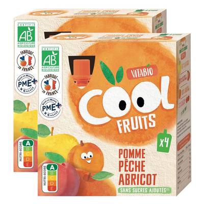 Vitabio - Cool Fruits Pomme, Pêche, Abricot Bio- Purée de Fruits en gourde, Lot de 2x4x90g