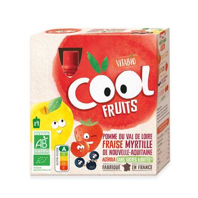 Vitabio - Cool Fruits Pomme, Fraise, Myrtille, Acerola Bio - Purée de Fruits, 4 gourdes de 90g