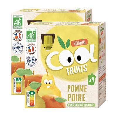 Vitabio - Cool Fruits Pomme et Poire de Provence, Acérola Bio - Purée de Fruits en gourde, Lot de 2x4x90g