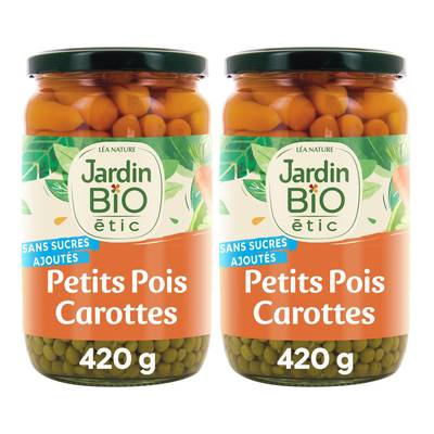 Jardin Bio Etic Petits Pois Très Fins et  Jeunes Carottes Bio sans sucres ajoutés, Lot de 2x420g