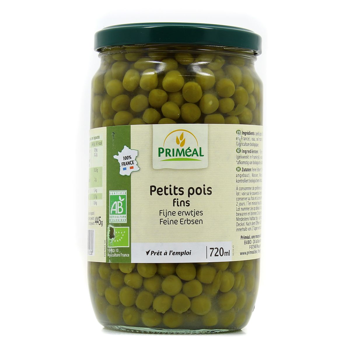 Priméal Petits pois bio fins Origine France, 720ml