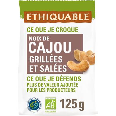 Ethiquable - Commerce Equitable Noix de Cajou grillées Bio du Salvador, Inde ou du Burkina Faso, 125g