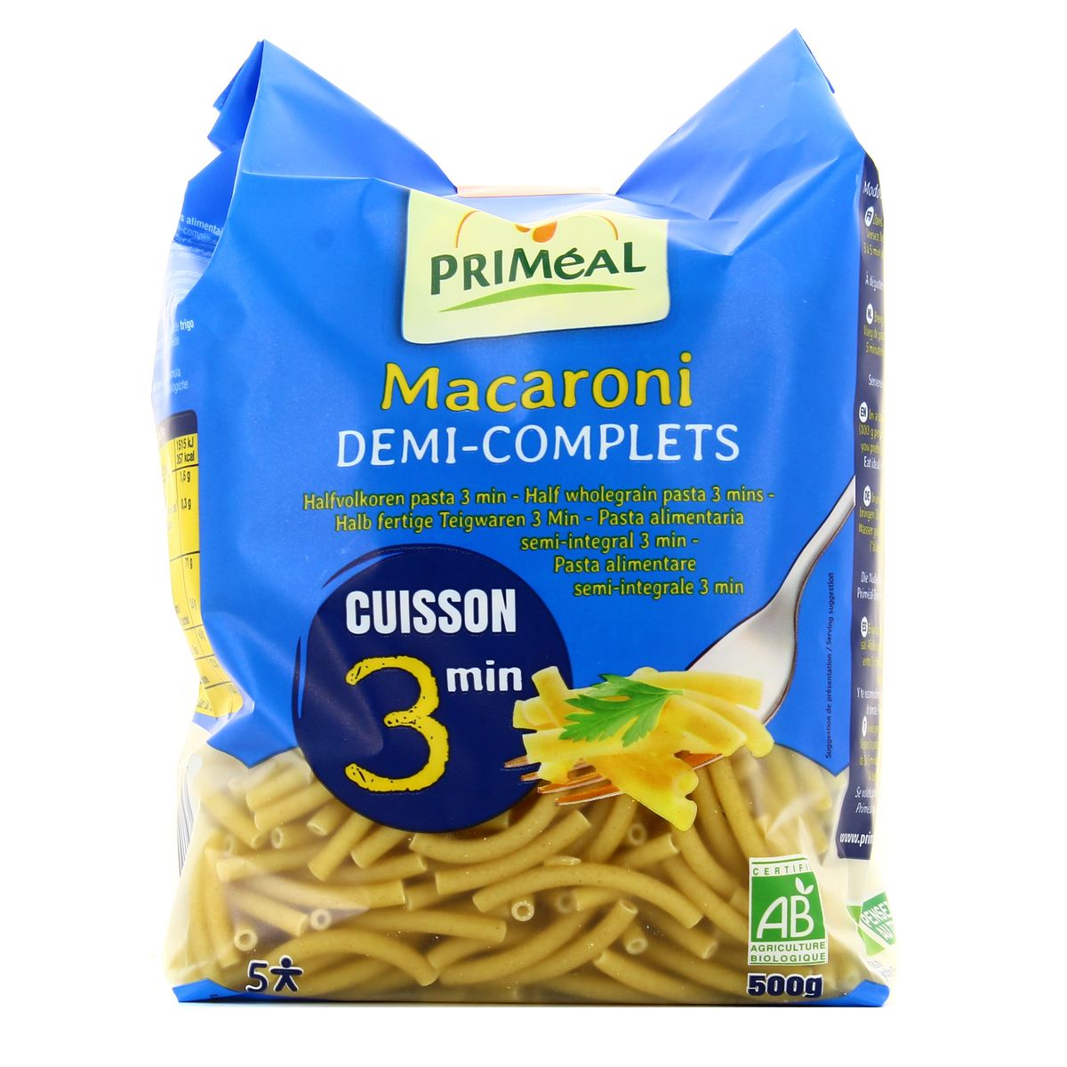 Priméal Macaroni demi complet bio cuisson 3mn, 500g