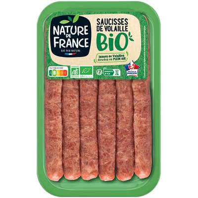 Nature De France Saucisses de Volaille BIO 10%MG, 6x50g