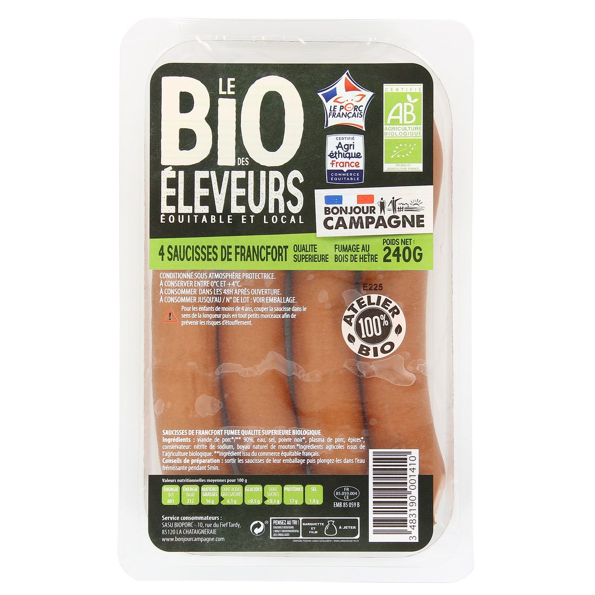 Bonjour Campagne Saucisse de Francfort Bio, 4 saucisses - 240g