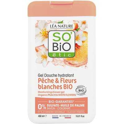 SO'BIO ETIC Gel Douche Hydratant Pêche & Fleurs Blanches Bio, 450ml