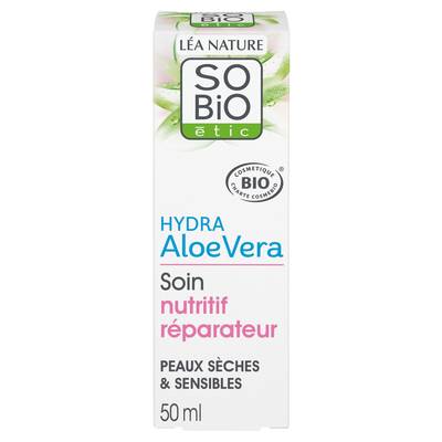 SO'BiO étic Soin nutritif réparateur, peaux sensibles à réactives sèches à très sèches, Hydra Aloe Vera, 100ml