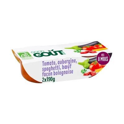Good Goût Tomate aubergine bœuf spaghetti façon bolognaise Bio Bol Bébé dès 8 mois, 2x190g