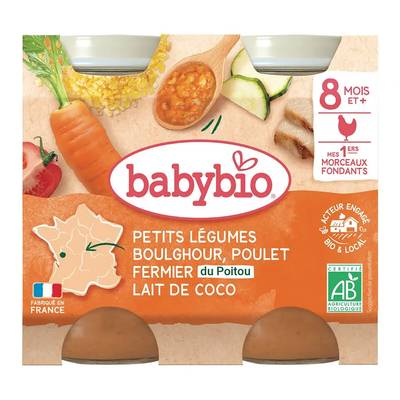 Babybio Légumes Boulghour Poulet Fermier Lait de Coco Pot Bébé dès 8 mois, 2x200g