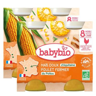 Babybio Maïs doux, Poulet fermier du Poitou Bio Pots Bébé Dès 8 mois, Lot de 2 - 2x200g