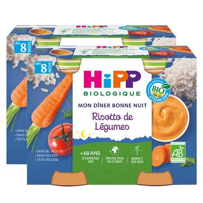 Hipp - Mon Dîner Bonne Nuit Risotto de Légumes Bio Pot Bébé Dès 8 mois, Lot de 2 - 2x190g
