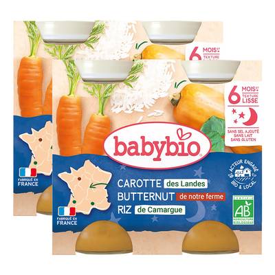 Babybio Carottes des Landes Potimarron Riz Bio Pots Bébé dès 6 mois, Lot de 2 - 2x200g